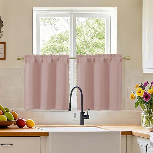 "Simplebrand Blush Short Cafe Curtains Tier 24 Inch Length 2 Panels Set, Modern Solid Blackout Small Window Cafe Curtains for Bathroom, Basement, Cabinet, Camper, Blush, Each 30"" Wx24 L Inches"