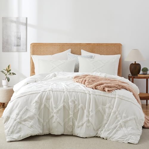 Oli Anderson Queen Comforter Set, 3 Pieces Boho White Comforter Geometric Tufted Bedding Comforter Sets, Soft Fluffy Comforter with 2 Pillowcases (White, Queen)