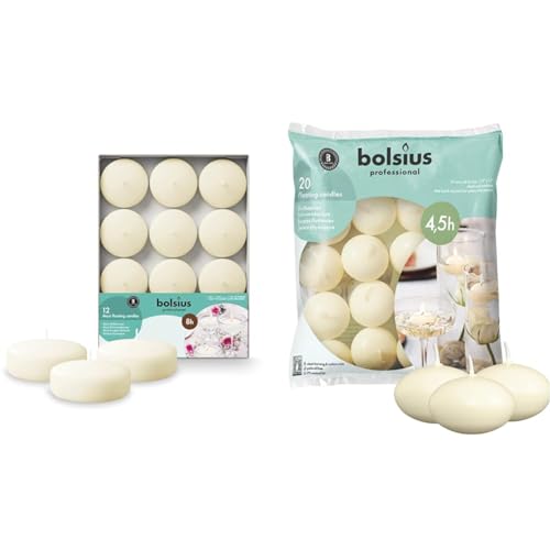Bolsius - Maxi Floating Candles - Ivory - 12 Pieces in a Box - Ø 7.6 cm - Burning Time 8 Hours & Floating Candle-Ivory, Wax, 30 x 45 mm (Packaging May Vary)