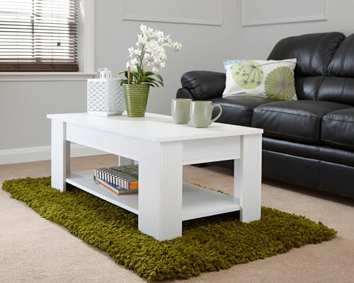 GFW Lift Up Coffee Table, Hidden Storage For Living Room. Modern Wooden Lift Top Coffee Tables, Display Shelf & Storage Compartment For Media & Accessories, White, H39.5cm x W105cm x D50cm