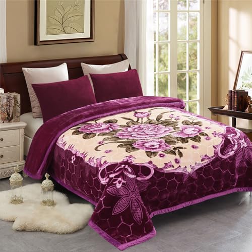"JML Fleece Blanket, Plush Blanket King Size 85"" x 93"", 10 Pounds Heavy Korean Style Mink Blanket - Silky Soft and Warm, 2 Ply A&B Printed Raschel Bed Blanket, Purple Flower"