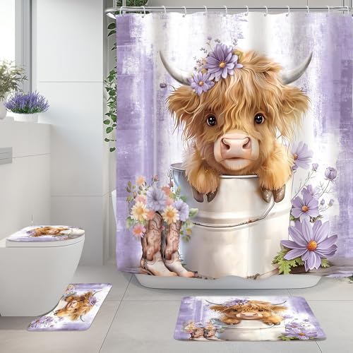 "Purple Highland Cow Western Cute 4Pcs Bathroom Shower Curtain Set with Rugs - 72""W x 72""H Rustic Floral waterproofprint, soft rugs, quick-dry curtain and plastic hooks."