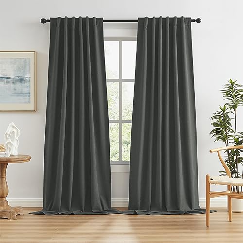 KEQIAOSUOCAI Full Blackout Curtains Dark Grey 102 Inches Long 2 Panels Set, Extra Long Back Tab Rod Pocket Linen Curtains, Floor to Ceiling Curtains for Bedroom Dining Room,1 Pair, 50W x 102L