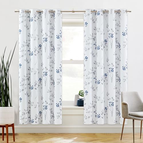 Beauoop Floral 100% Blackout Curtains for Bedroom Blue Grey 52X72 2 Panels - Flower Patterned Blue White Room Darkening Drapes for Living Room Thermal Insulated Soundproof Window treatment Grommet