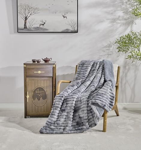 Miracle Home. Fleece Blanket Reversible Microfiber Kunzite Velvet Flannel and Sherpa 300GSM-180GSM, Soft, Warm and Lightweight, Machine Washable, 220 X 240, Grey