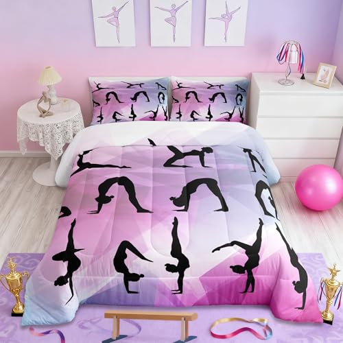 Homewish Gymnastics Bedding Set Full Size,Dancing Lover Silhouette Comforter Set 3pcs for Kids Girls Woman Gymnast Room Decor,Cheerleading Sports Quilt Set Pink White Duvet Insert with 2 Pillowcases