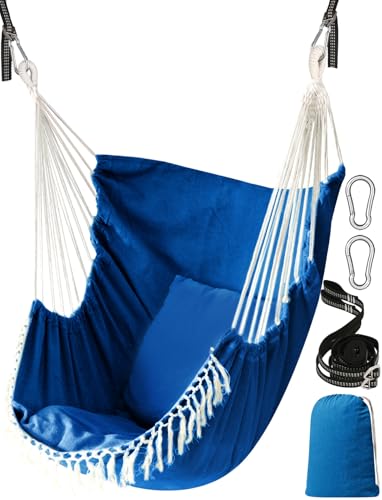 Chihee Hammock Chair Hanging Swing 2 Seat Cushions Included,Strong Webbing Straps and Hooks for Easy Hanging Soft Cotton Weave Hanging Chair Side Pocket Large Tassel Chair Set Comfort Indoor Outdoor