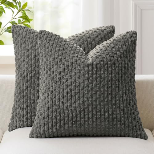 Kevin Textile Throw Pillow Covers 20x20 Decorative Corduroy Farmhouse Cushion Covers Pillowcase for Couch Sofa Bedroom Car Set of 2 Dark Grey