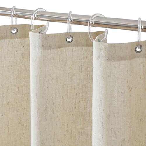 "QIYI Linen Shower Curtain for Bathroom, Waterproof & Heavy Duty Fabric Shower Curtain Set with 12 Clear Hooks, Neutral Boho Farmhouse Decorative Cloth Bath Curtain Liner, 72""x72"", Beige"