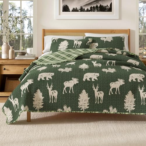 Full/Queen Bed Cover with 2 Pillowcases 3-Piece Reversible All-Year Mountain House Set Rustic Rio Ridge Collection Forest Green