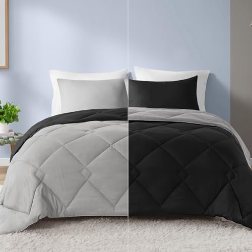 "Comfort Spaces Lightweight All Season Down Alternative Cozy Bedding, Sham, fabric, Black/Gray, Full/Queen(90""x90"")"
