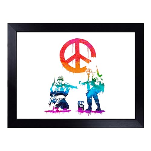 Lap Tray with Bean Bag Cushion, Banksy Peace Soldiers Graffiti - Handmade in the UK, Raised Wooden Edge, Padded Cushion, Heat-Resistant Wipe-Clean Surface, for Meals, Laptops and Crafts
