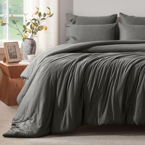Voguease Queen Comforter Set, Comforters Queen-Size Luxury Ultra-Soft Jersey Knit Bedding Sets, Dark Grey Lightweight Down Alternative Bed Comforter Queen for All Season, 3 Piece