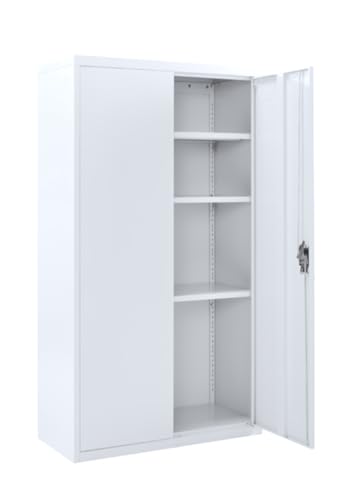 MMT White Steel Storage Cabinet - 2 Door Lockable Filing Cabinet -Storage Cupboard for Home, Office Documents, Files, Pantry - 3 Shelf Unit 75cm x 40 x 140cm-