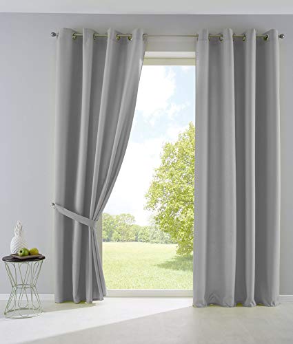 Gardinenbox Palermo Opaque Curtains with Eyelets and Tiebacks 100% Polyester Grey 225 x 140 cm Set of 2