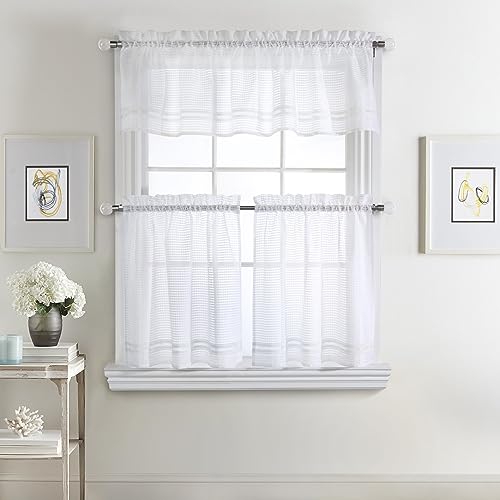LOFT LIVING Gracie Lace Sheer Rod Pocket 3 pc Curtain Tiers and Valance Set 52 x 24 in White