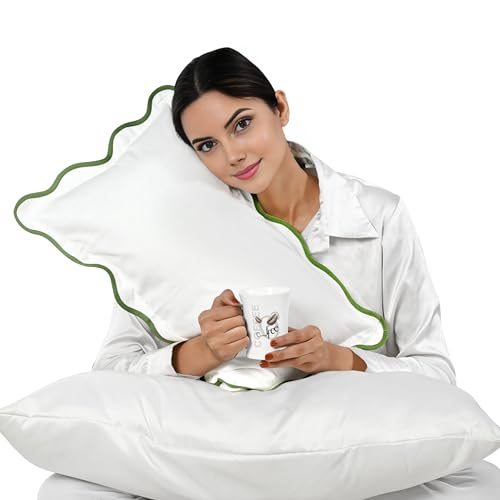 "Ridhi White with Green Scalloped 100% Cotton 400 TC Throw Pillow Covers 12""x20"" Solid Pure Farmhouse Case Soft Home Decor for Sofa, Bed, Couch, Living Room Gift for Spring, Easter, Valentine"