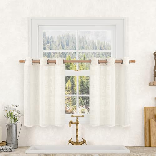 LAMIT Short Sheer Linen Curtains 30 inches Long, Bronze Grommet Linen Drapes Light Filtering Semi Sheer Curtains for Small Window/Kitchen/Cafe, 2 Panels, 34 x 30 Inch, Cream