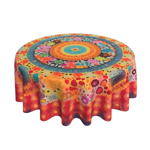 mutakin Mandala Bohemian Tablecloth Spring Summer Round Table Cover Washable Reusable Decoration Table Cloth for Home Kitchen Party Picnic 60 Inch