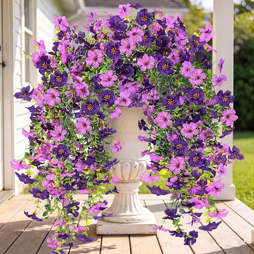 Artificial Fake Hanging Flowers Plants for Outdoor Outside Spring Summer Decoration 2PCS Faux Silk UV Resistant Realistic Mums Daisy with Eucalyptus for Home Porch Patio Balcony(Purple & Magenta)