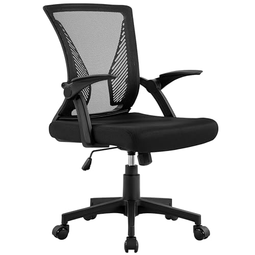 Yaheetech Ergonomic Mesh Office Chair, Swivel Computer Desk Chair with Flip-up Armrests and Lumbar Support, Reclining for Home Office, Study Room Bedroom, Black