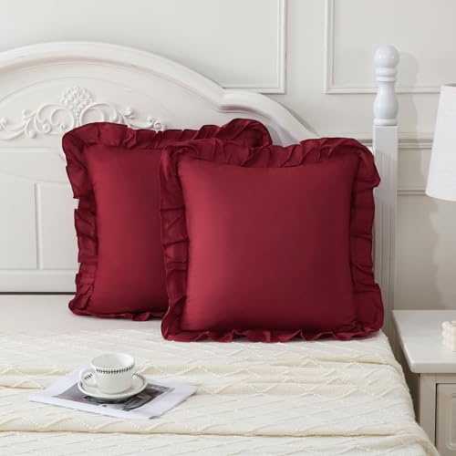 Merryword Burgundy Pillowcases 18x18 Cute Throw Pillow Covers Pack of 2 Ruffle Pillowcase Cushion for Couch Sofa Bedroom