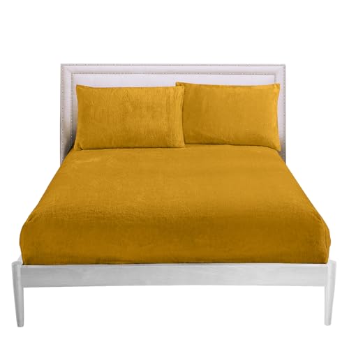 GC GAVENO CAVAILIA Fitted Sheet Single Bed (91x193 cm) - Cozy Teddy Bear Bedding Fleece Fitted Sheets, Soft Fluffy Plain Single Bed Sheet 25cm Deep Elastic Corners - Washable & Easycare, Ochre