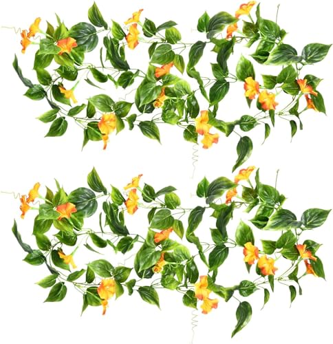 Fake Morning Glory Hanging Plants, Artificial Vines Silk Flowers Faux Ivy Plastic Greenery Garland Plant for Home Garden Yard Wall Fence Stairway Wedding Party Basket DIY Decoration Orange 2 Pack