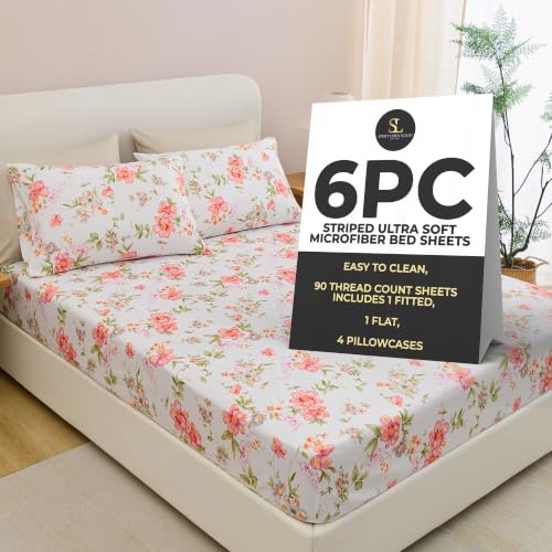 Spirit Linen Home 6-Piece Elegant Bed Sheet Set - Full, Pink/Green Floral - Deep Pocket Soft and Breathable Microfiber Material Bed Sheets with 1 Fitted Sheet, 1 Flat Sheet, and 4 Pillowcases included