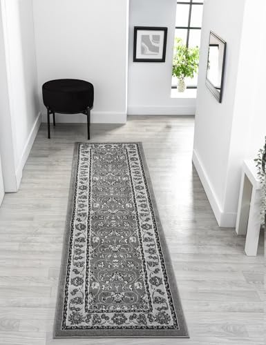 Obsidian Modern Low Pile Area Rug - Polypropylene Weaving - Jute Backing - Floral Traditional Abstract Designs Rugs, Grey, 60x220 cm