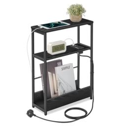 VASAGLE 3-Tier Slim Side Table with Charging Station - Narrow Bedside Table, End Table for Small Spaces, Magazine Rack, Ebony Black, BARNET Collection LET335B03