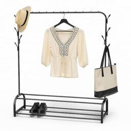 Relaxdays coat rack, 3-in-1, with coat rail, 2 shelves & 8 hooks, HxWxD: 158 x 110 x 40 cm, metal, black