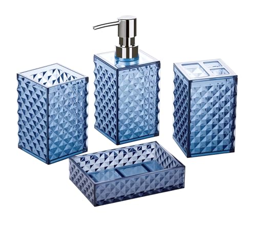 A+KCEYON Blue Bathroom Accessories Set 4 Pcs Navy Blue Bathroom Accessories Toothbrush Holder Soap Dispenser Set Contain Soap Dish Tumbler Diamond Pattern Bathroom Countertop Vanity D??cor Set Plastic