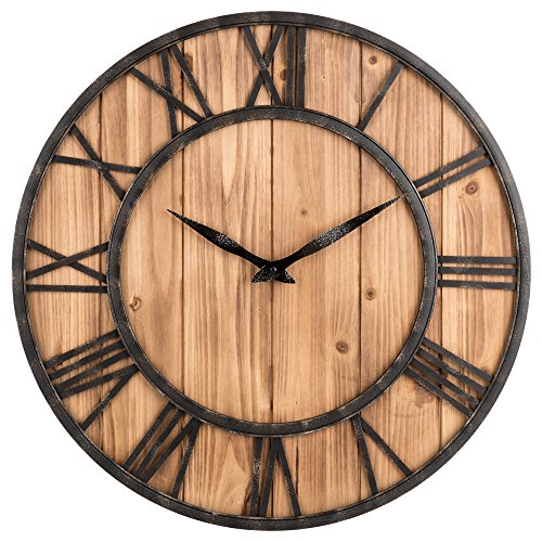 Oldtown Clocks Farmhouse Rustic Barn Vintage Bronze Metal & Solid Wood Noiseless Big Oversized Wall Clock 24-inch Wood