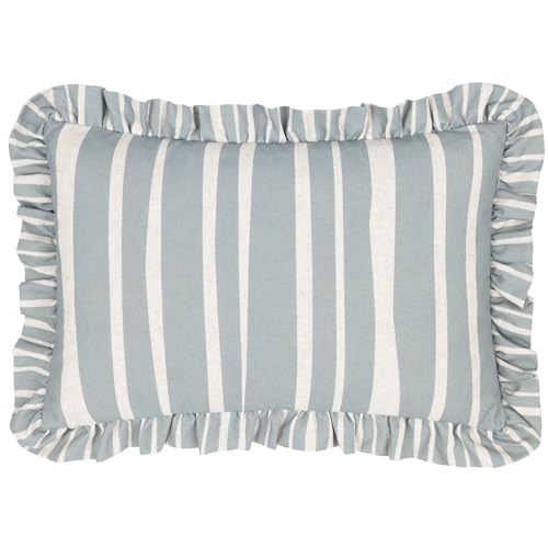 furn. Carmon Stripe Ruffle Feather Filled Cushion - Linen/Blue - 40x60cm