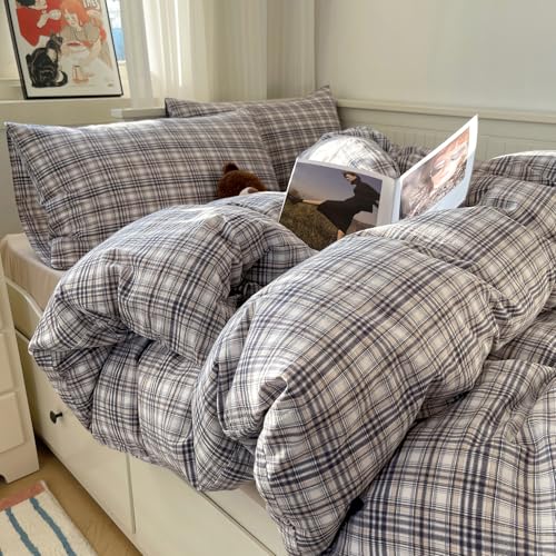mixinni King Duvet Cover Set - 3 Piece Vintage Buffalo Plaid Bedding, 100% Washed Cotton Duvet Cover with 2 Pillowcases, Soft & Breathable Gray Beige White Geometric Grid Pattern for All Seasons