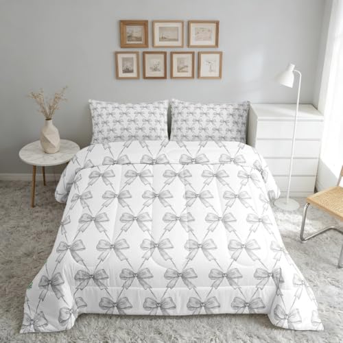 Feelyou Gray Bow Comforter Set Full Size Cute Bowknot Bedding Set Boys Girls Kawaii Comforter for Kids Women Men Bow and Stripes Duvet Set 3Pcs