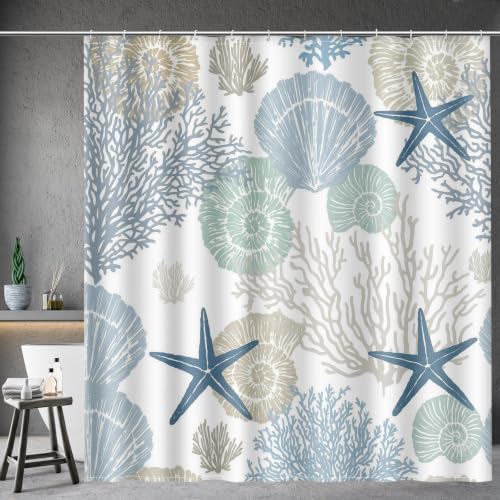 "Aimego Nautical Beach Shower Curtain - Ocean Coastal Blue Seashell Starfish Coral Summer Tropical Bath Shower Curtain Set with 12 Hooks for Adults Kids Bathroom Decor Accessories, 72""x72"""