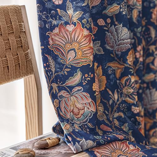 FMFUNCTEX 100% Boho Blackout Blue Floral Curtains 96 Inch Grommet 2 Panels - 100% Black out Drapes, Flower Patterned, Vintage Farmhouse, Grommet Top, Thermal Insulated, for Bedroom Living Room