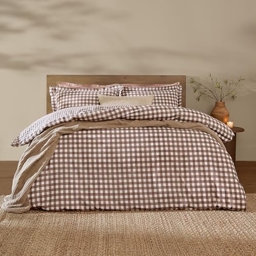 Yard Barton Gingham Check Duvet Cover Set – 100% Cotton Reversible Oxford Pillowcases Soft & Breathable Premium Bedding (Chocolate – Single)