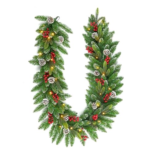 2m Christmas Garland with Warm White LED Lights Decorated Snow Flocked Artificial Green Xmas Garland Hanging Decorations with Pinecones, Red Berries for Home Stairs, Fireplace