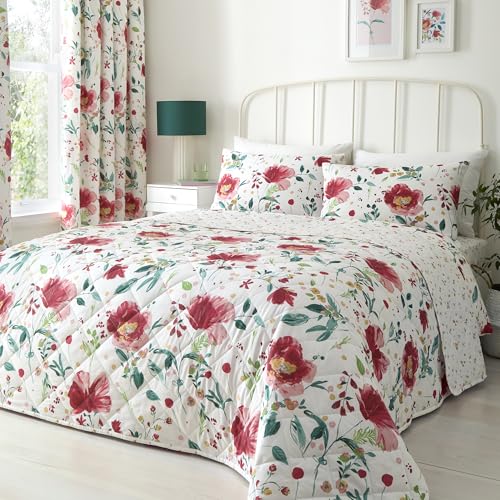 Dreams & Drapes Abstract Poppy Quilted Bedspread 200 x 230cm Red – Textured Floral Design for Bedroom, Lightweight Bedspread