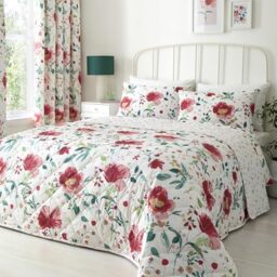 Dreams & Drapes Abstract Poppy Quilted Bedspread 200 x 230cm Red – Textured Floral Design for Bedroom, Lightweight Bedspread