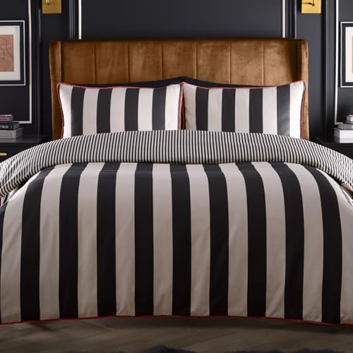 Laurence Llewelyn-Bowen - Festivo Circus Stripe Duvet Cover - Double Bedding Size (200 x 200cm) - Soft 100% Cotton Sateen - 2 Pillowcases - Black & Natural Stripe Bedding - Luxury Bedding Set
