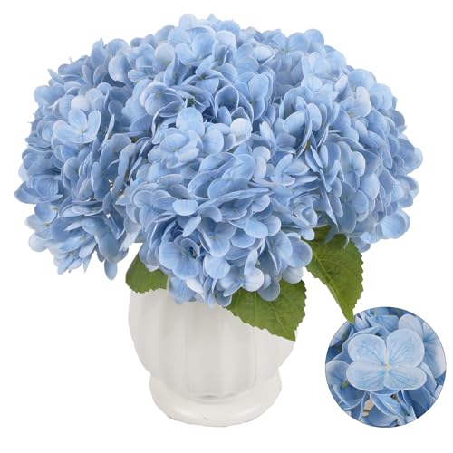 IPOPU 6PCS Real Touch Fake Hydrangea Artificial Flowers Blue Hydrangeas with Stems Latex Lifelike Faux Hydrangeas for Home Table Centerpieces Wedding Baby Shower Party Floral Arrangements (Blue)