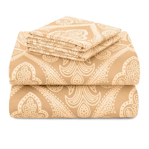 Hannah Linen Paisley Queen Sheet Set, 4 PC Soft Microfiber Wrinkle Free Sheets - Luxurious Printed Bed Sheets Includes Flat Sheet, Fitted Sheet with Deep Pockets, & 2 Pillowcases - Taupe