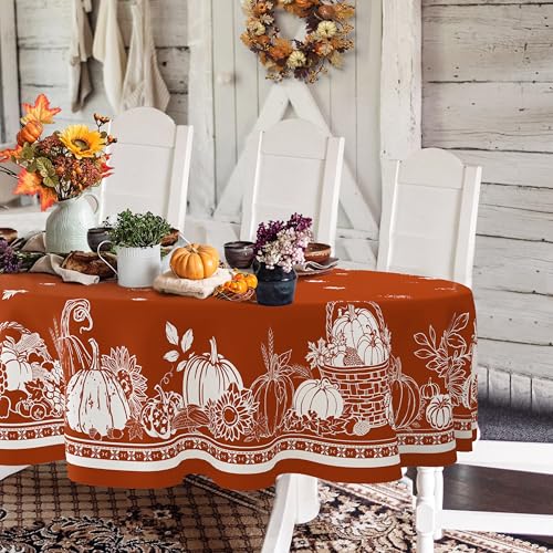 Oval Fall Tablecloth,OrangeThanksgiving Autumn Harvest Pumpkin Sunflower Maple Leaf Table cloth,Polyester Waterproof Wrinkle Resistant Durable Tablecloth for Fall,Thanksgiving,Home Decor 60x84Inch