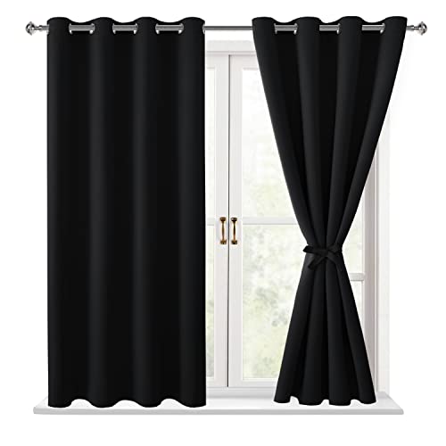 Hiasan Blackout Curtains for Bedroom, 52 x 54 Inches Long - Thermal Insulated & Light Blocking Window Curtains for Living Room, 2 Drape Panels Sewn with Tiebacks, Black