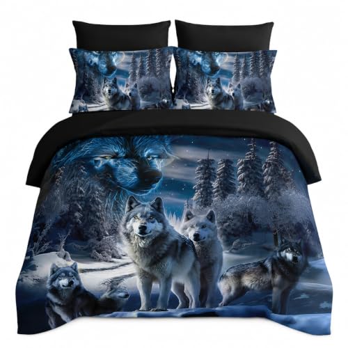 AILONEN Boys Wolf Comforter Set Queen 7-Piece Bed in a Bag,Snow Wolf Printed Bedding Set for Kids Adults,Safari Wolf Animal Comforter & Fitted Sheet with Flat Sheet,2 Pillowcases,2 Pillow Shams,Black