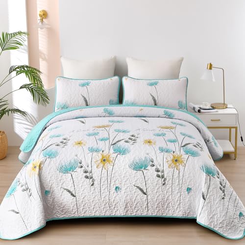 "Dinjoy Quilt Set Full Size Aqua, Floral Bedspreads 3 Pieces Reversible Quilts Bedding Set Microfiber Lightweight Bedspread Coverlet Farmhouse Set for Women Girls 78""x90"""